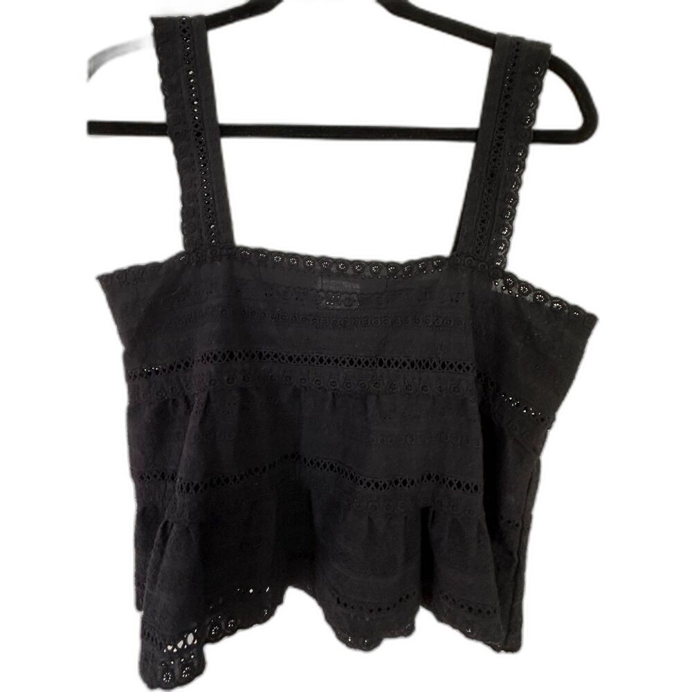 dee elly Babydoll Black Eyelet Square Neck 100% Cotton Cropped Tank Women's Sz S